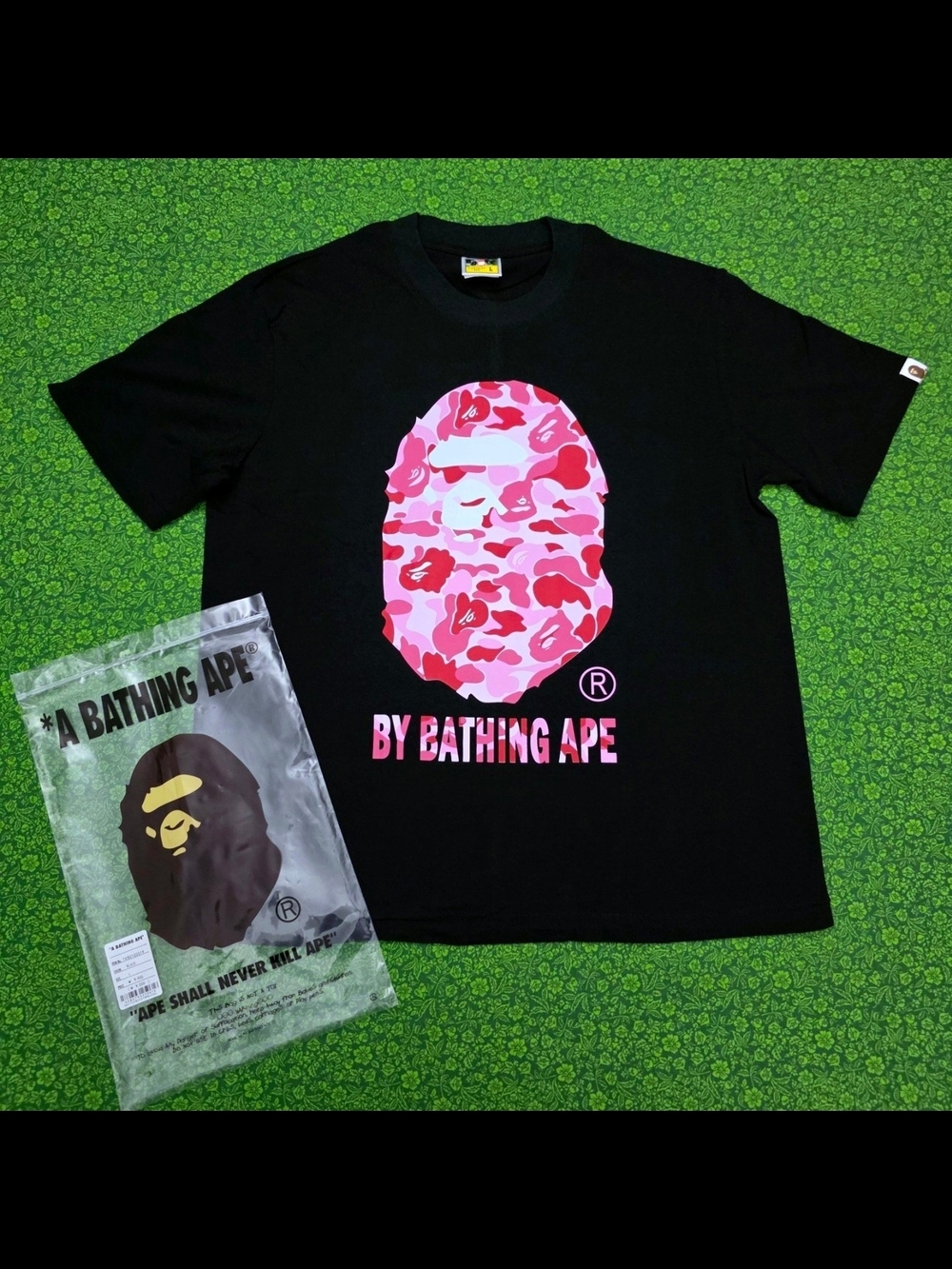 A Bathing Ape (BAPE) Men’s Black T-Shirt with Pink Camo Ape Head